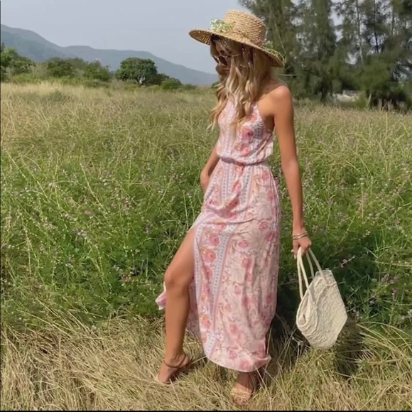 (Last 2) Pink boho floral print maxi halter backless summer dress - Picture 6 of 8